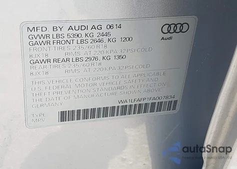 2015 Audi Q5 2.0T Premium from USA, damaged, VIN WA1LFAFP1FA007834